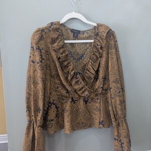 Mattesson Brown and Blue Paisley Ruffle Blouse